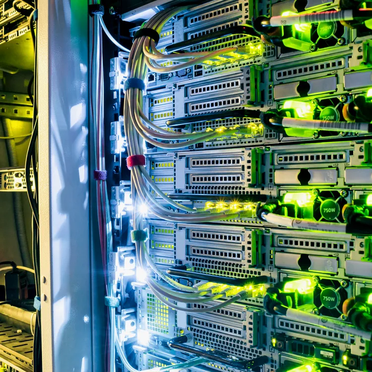 Network cabling and server rack with live status indicators